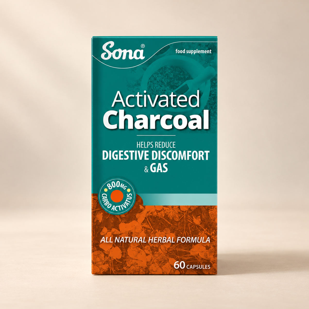 Sona Activated Charcoal 60 capsules – front carton