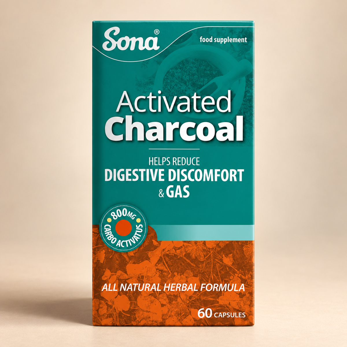 Sona Activated Charcoal 60 capsules – front packaging detail