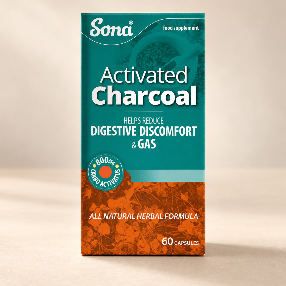 Sona Activated Charcoal 60 capsules – front packaging detail