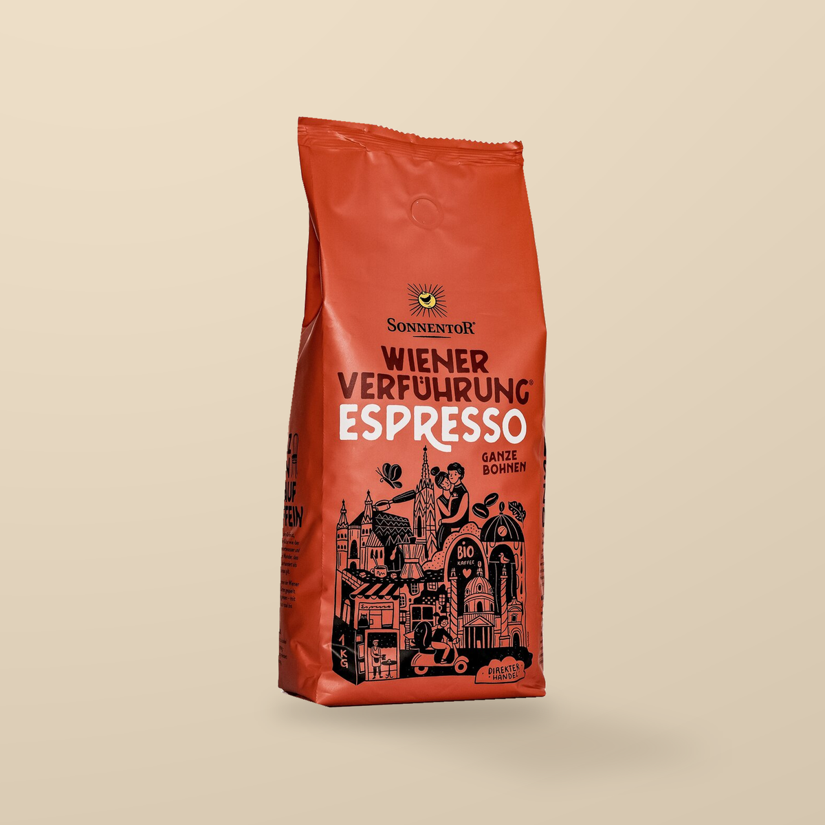 Sonnentor Organic Viennese Espresso Coffee Beans 1kg — original product packaging on warm beige background