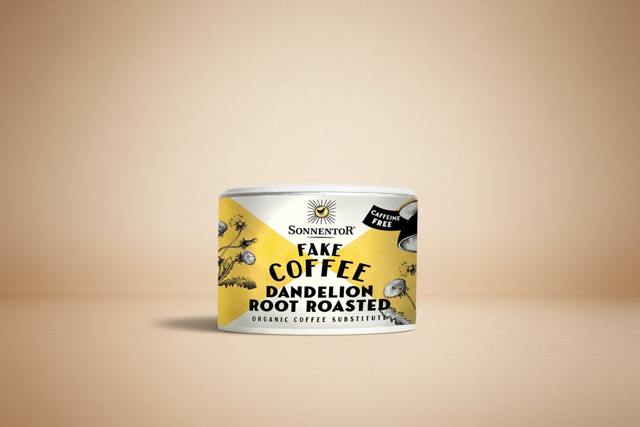 Can of Sonnentor Fake Coffee Dandelion Root Roasted on a white background