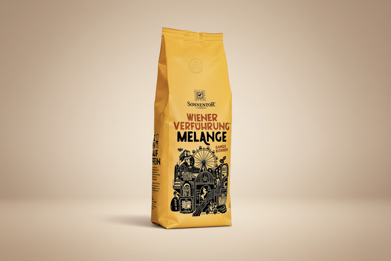 Yellow coffee bag with black text and graphics on a white background
