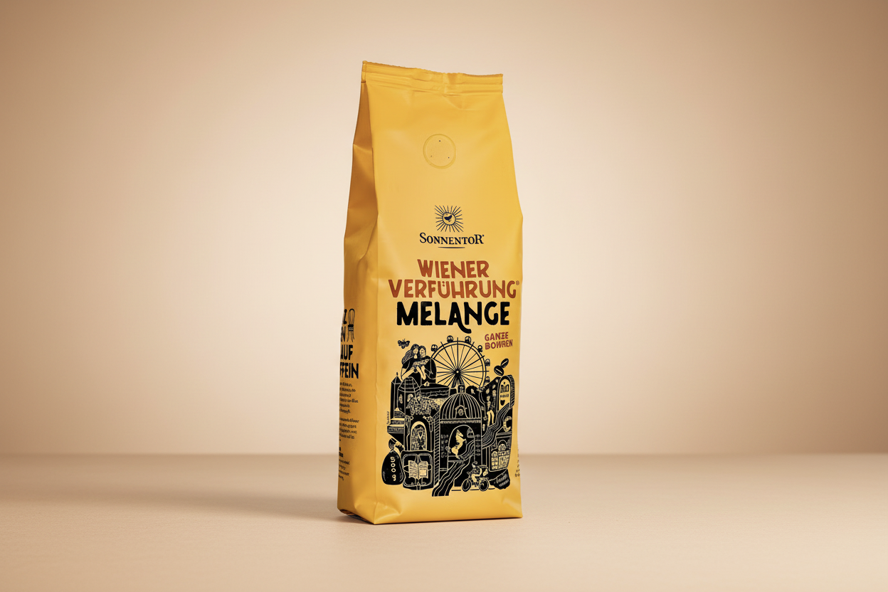Yellow coffee bag with black text and graphics on a white background