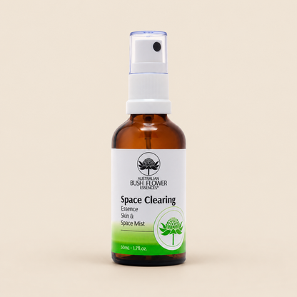 Australian Bush Flower Space Clearing Organic Space Mist – 50ml on a warm beige background