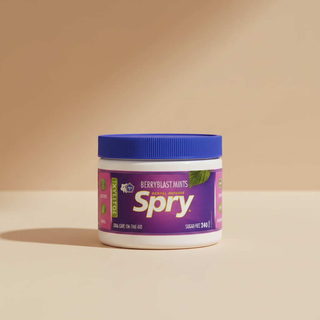 A white plastic jar of Spry Berryblast Mints dental defense mints with a blue screw-on lid and a purple label.