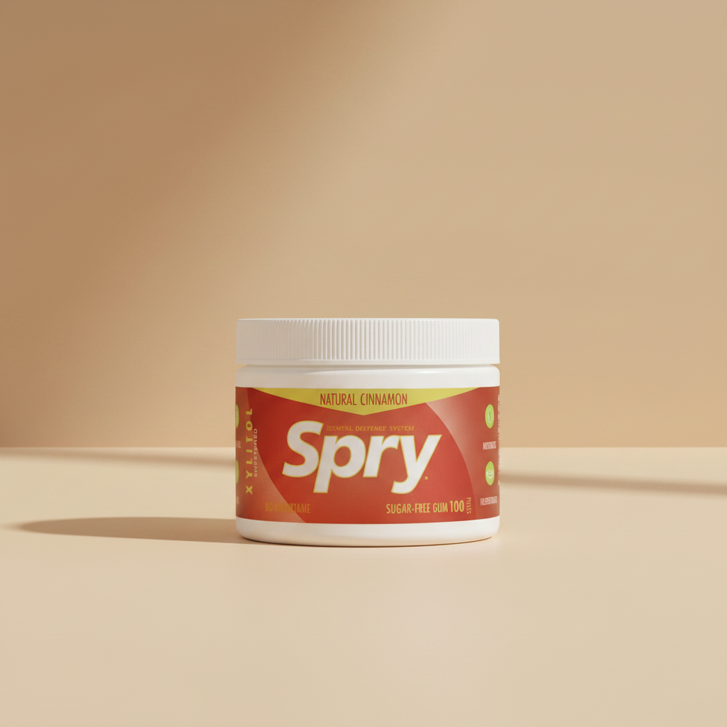A white plastic jar of Xylitol Sweetened Spry Sugar-Free Gum, Natural Cinnamon flavor, with a white screw cap and a red and yellow label.
