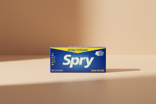 A box of Spry Natural Peppermint sugar-free gum, featuring a blue and yellow design with the brand name 'Spry' in large white letters.