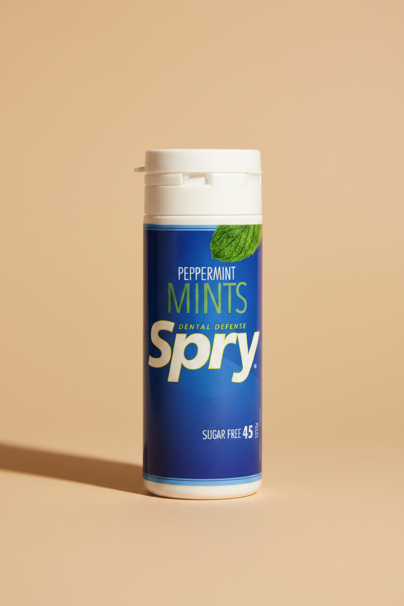 A bottle of Spry Peppermint Mints dental defense sugar free 4.5g mints, featuring a blue label with white and green text and a mint leaf graphic.
