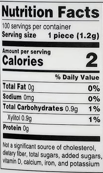 A Nutrition Facts label showing a product with 1 piece serving size, 2 calories per serving, and 0g fat, sodium, and carbohydrates.