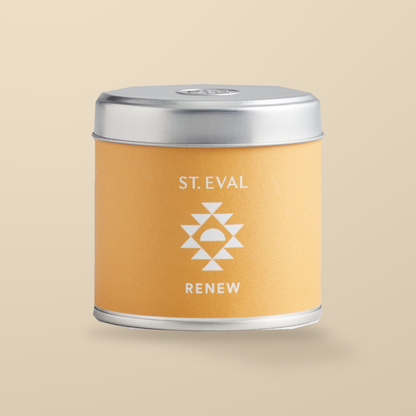 St. Eval Renew Retreat Scented Tin Candle – 1 Candle — original product packaging on warm beige background