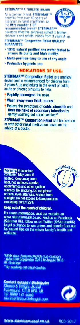 A promotional flyer for Sternarm's Congestion Relief nasal spray, detailing its usage, guarantees, and contact information on a white background with blue and red text.