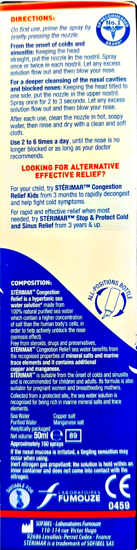 The back of a Fumogo TYLEMA Stage & Protect Relief K9 spray can, showing usage directions, composition, and warnings in white text on a blue background.