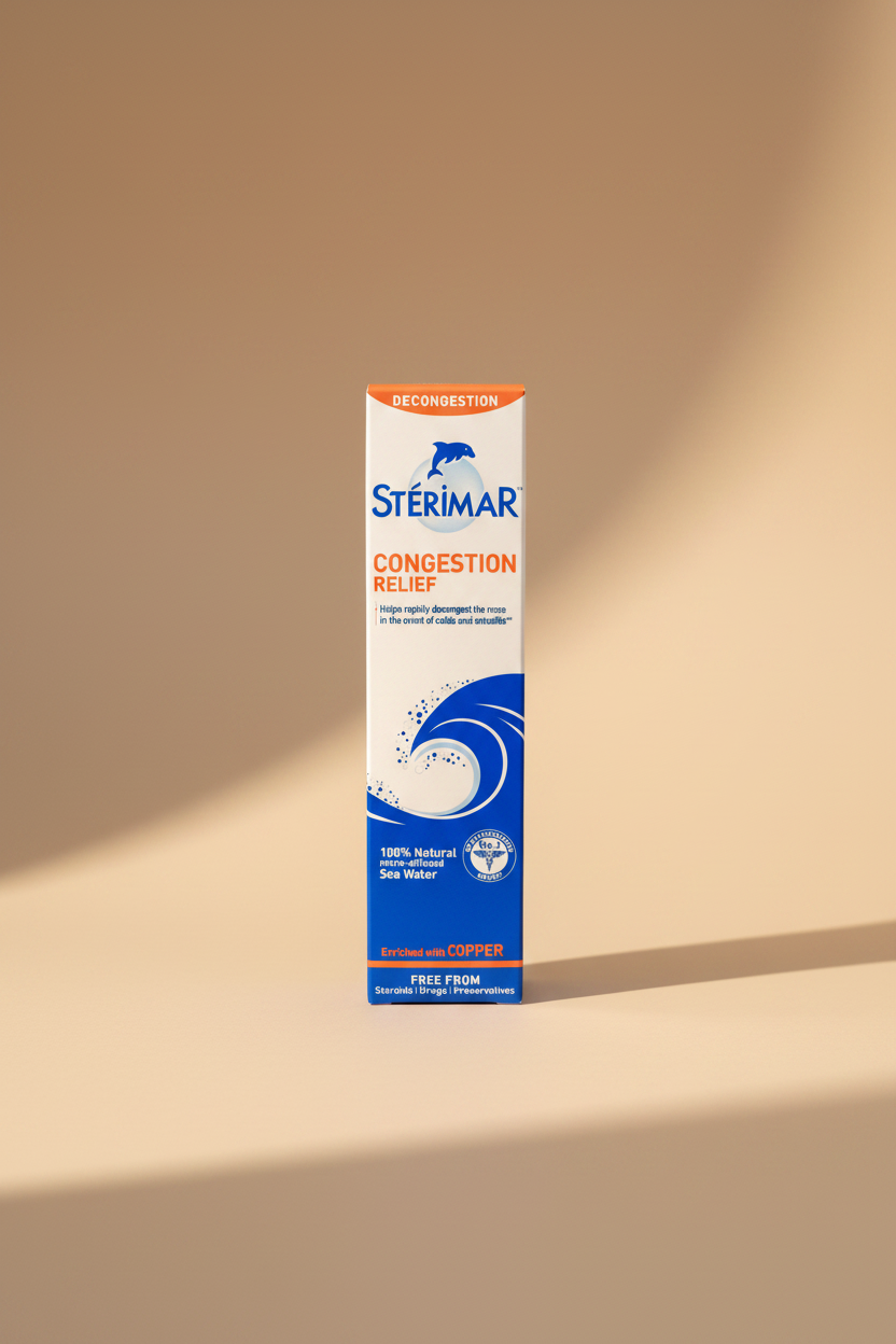 A hand holding a box of Stérimar Congestion Relief decongestion spray. The packaging is white with blue and orange text and graphics, including a dolphin logo and a wave illustration.