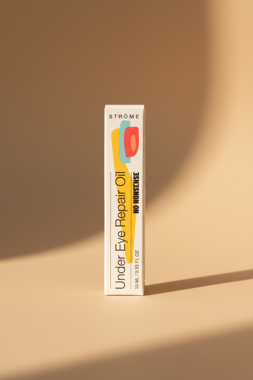 A hand holding a white rectangular box of Ströme Under Eye Repair Oil. The box features a colorful graphic of stylized eyes in yellow, blue, and red, with black text reading 'Under Eye Repair Oil' and 'NO NONSENSE'.