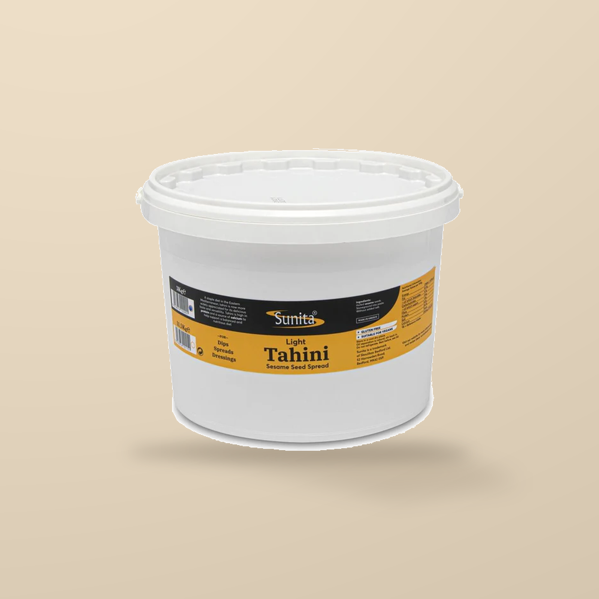 Sunita Light Tahini 3kg — original product packaging on warm beige background