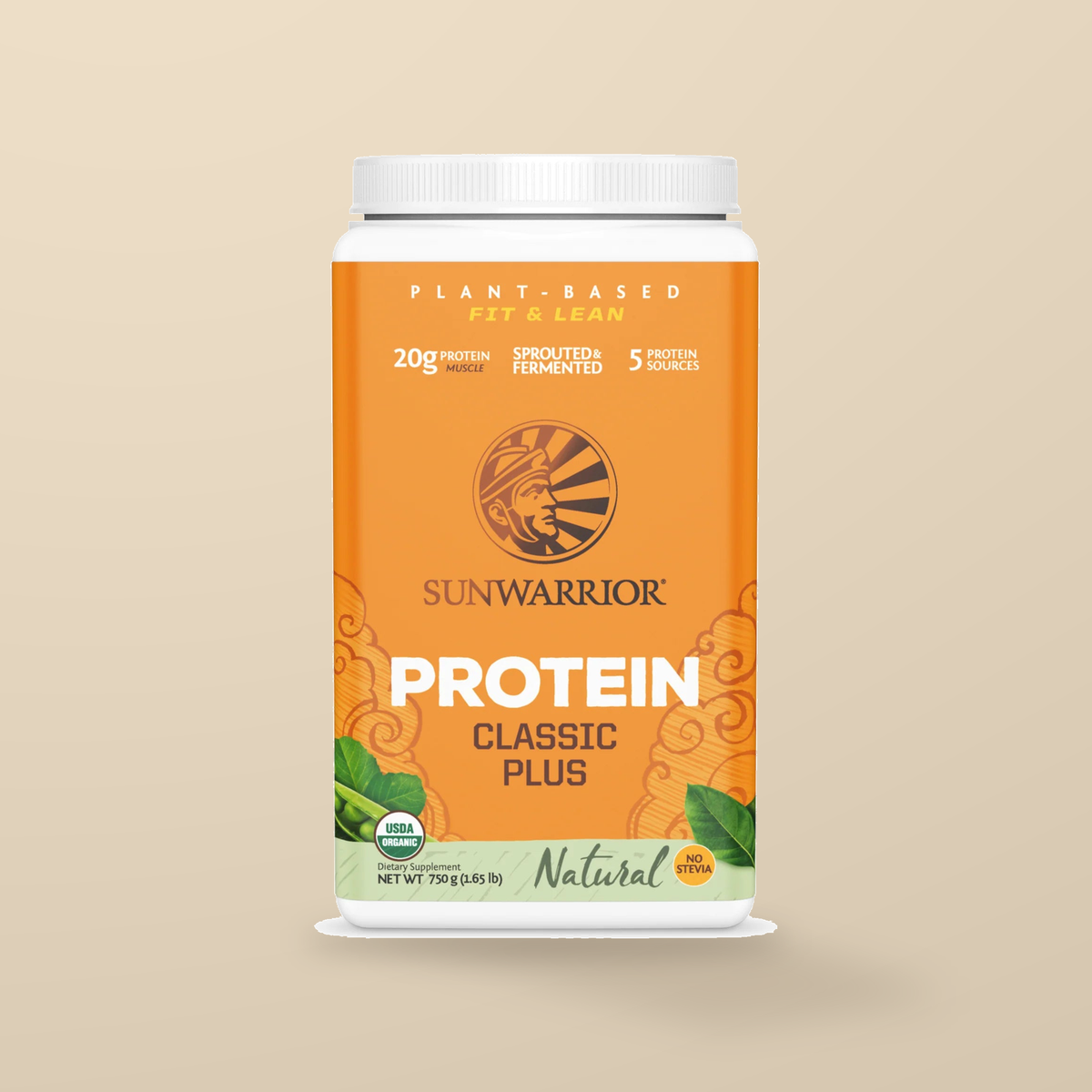 Sunwarrior Classic Plus Natural 750g — original product packaging on warm beige background