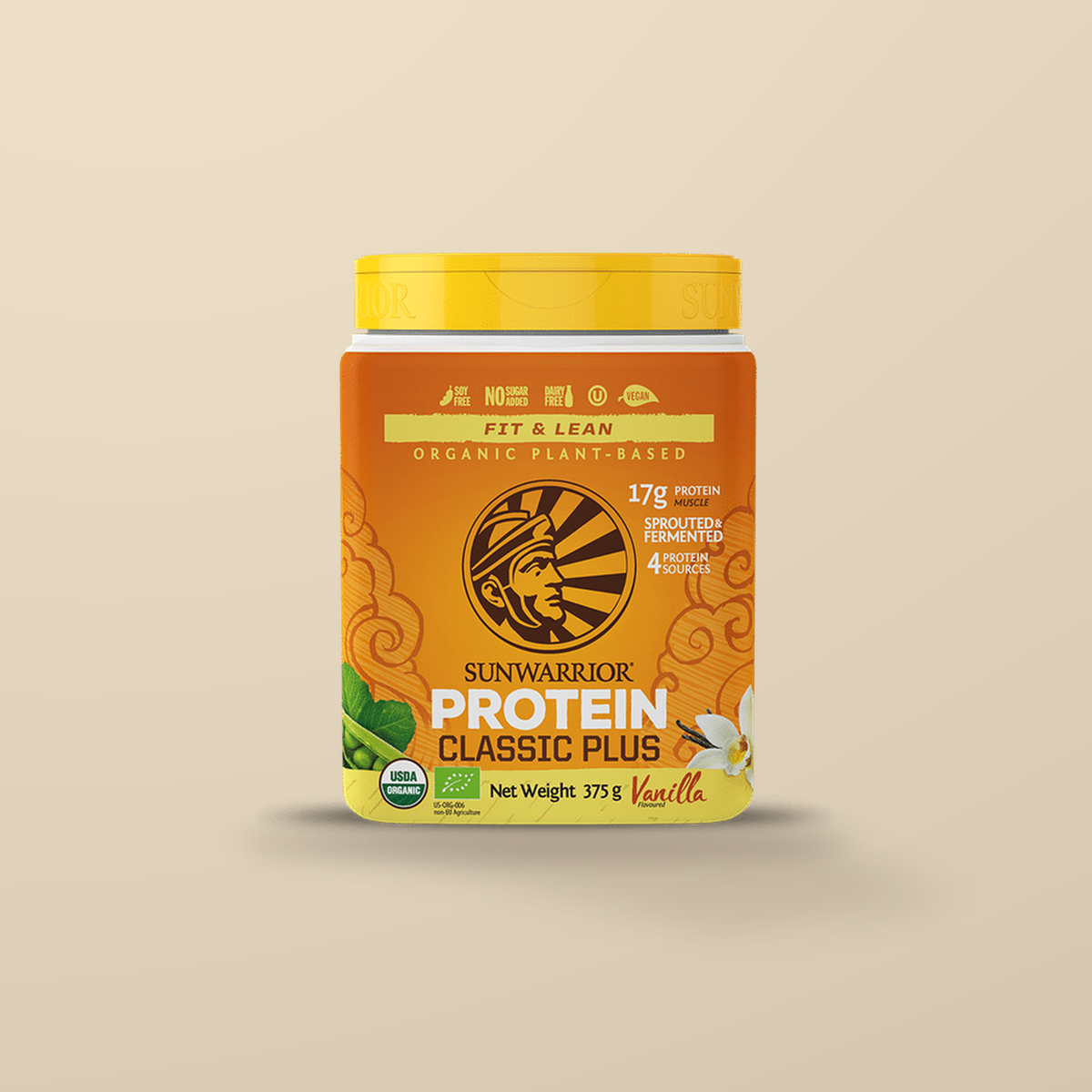 Sunwarrior Classic Plus Vanilla 375g — original product packaging on warm beige background