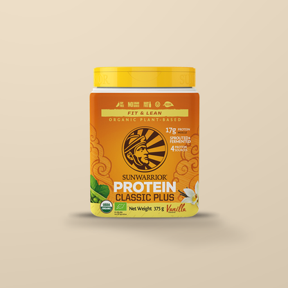 Sunwarrior Classic Plus Vanilla 375g — original product packaging on warm beige background