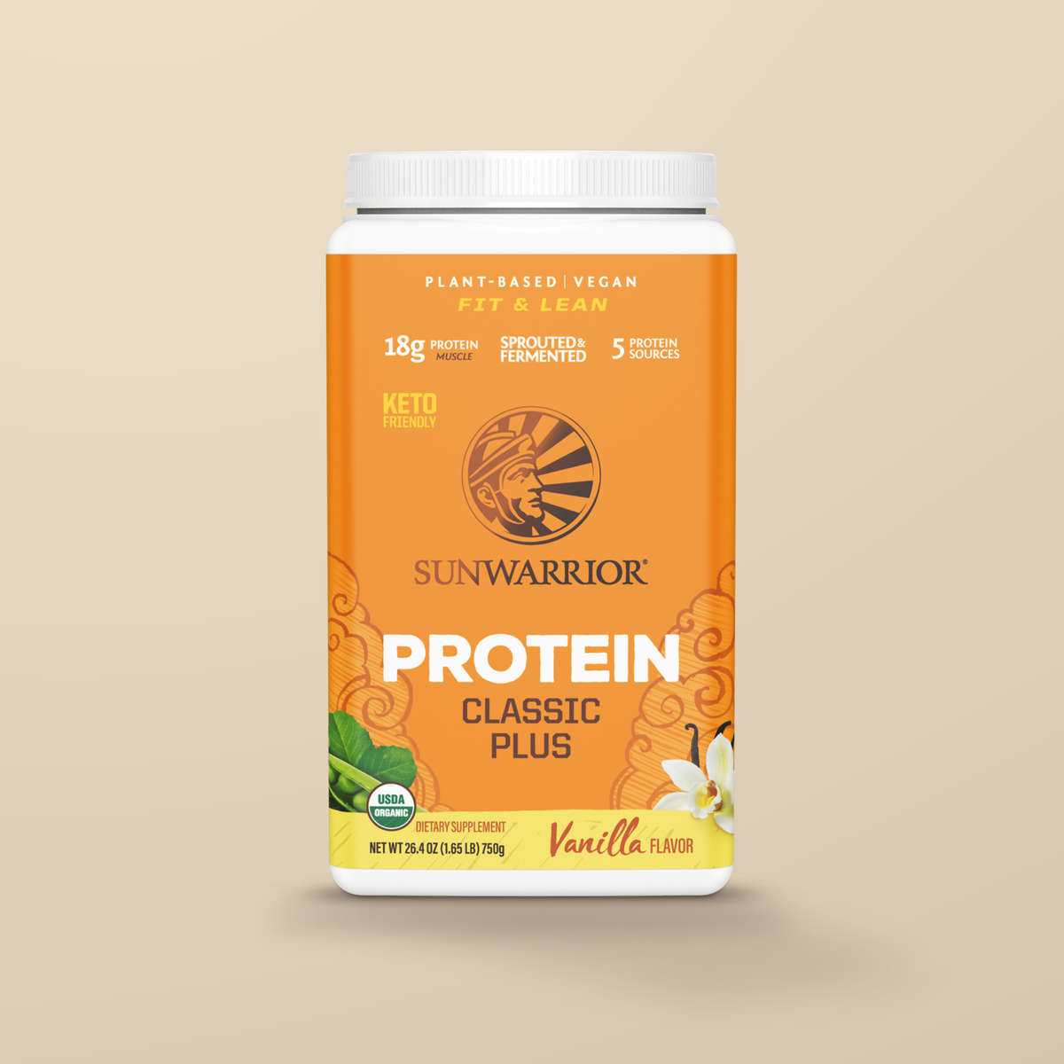Sunwarrior Classic Plus Vanilla 750g — original product packaging on warm beige background