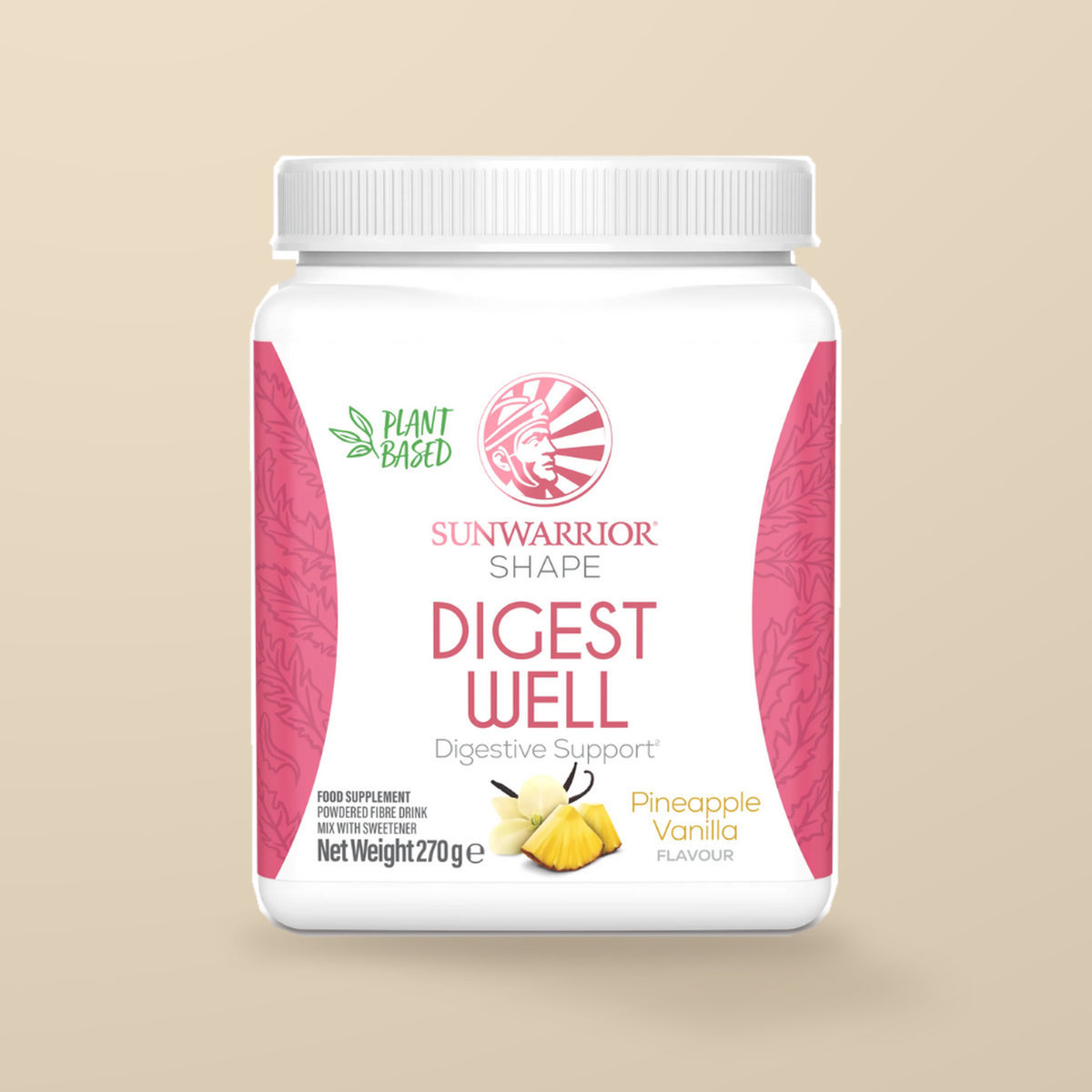 Sunwarrior Shape Digest Well Pineapple Vanilla 270g — original product packaging on warm beige background