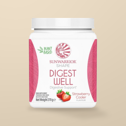 Sunwarrior Shape Digest Well Strawberry Cooler 270g — original product packaging on warm beige background