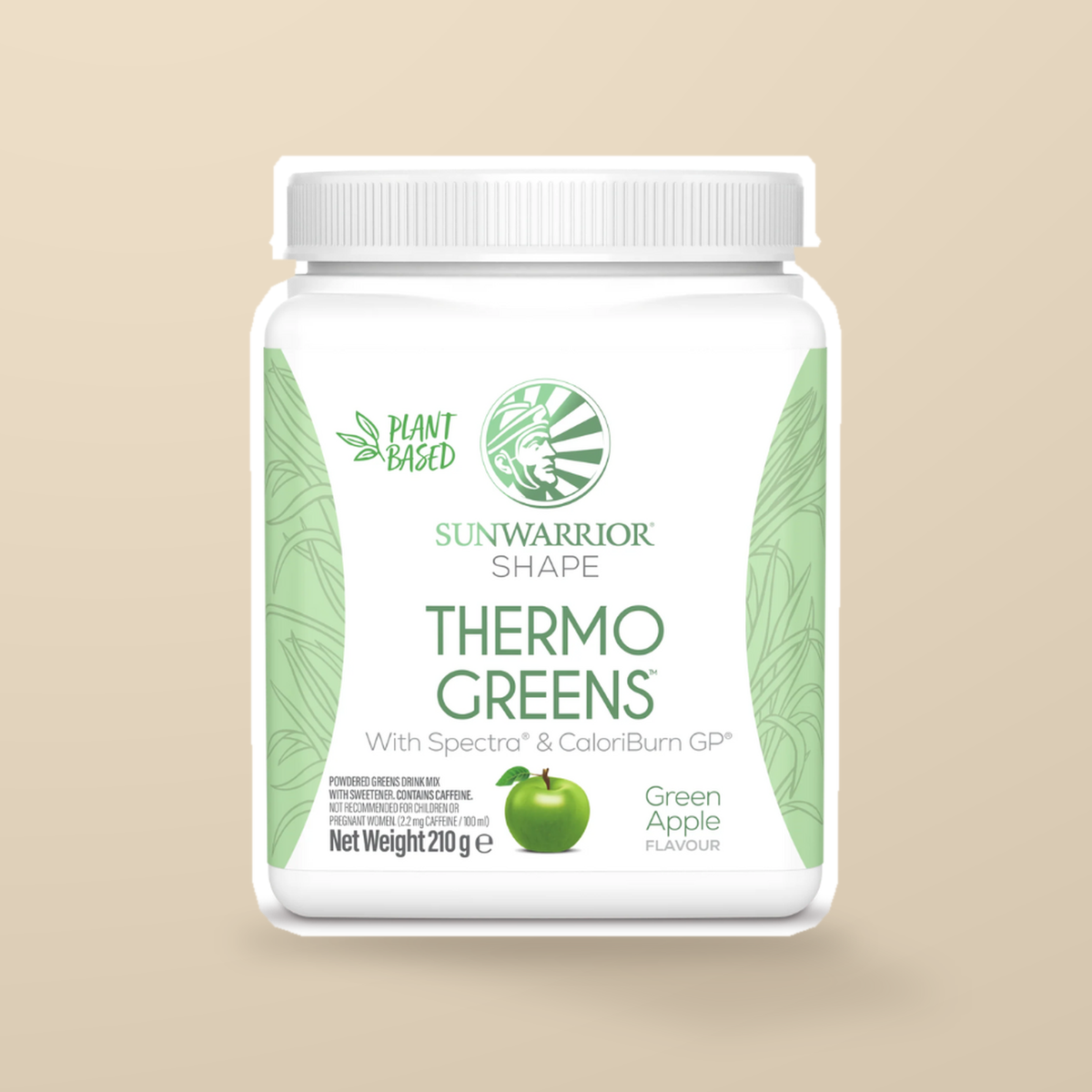 Sunwarrior Shape Thermo Greens Green Apple 210g — original product packaging on warm beige background