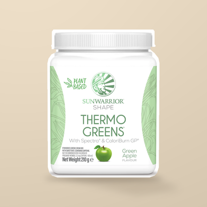 Sunwarrior Shape Thermo Greens Green Apple 210g — original product packaging on warm beige background