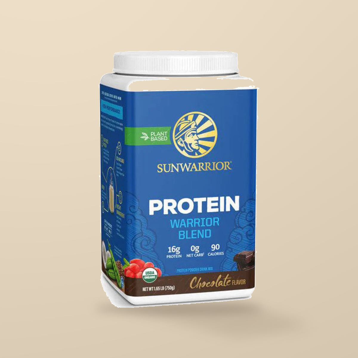 Sunwarrior Warrior Blend Chocolate 750g — original product packaging on warm beige background