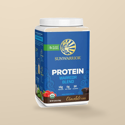 Sunwarrior Warrior Blend Chocolate 750g — original product packaging on warm beige background
