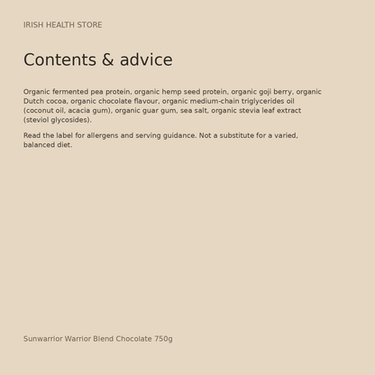 Sunwarrior Warrior Blend Chocolate 750g contents and advice
