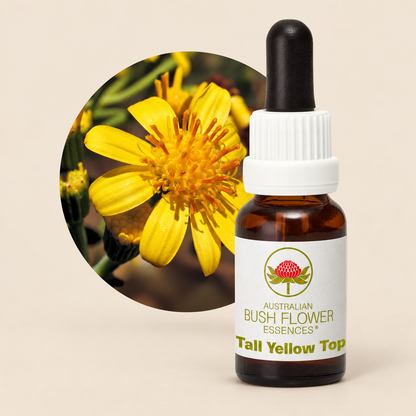 Australian Bush Flower Tall Yellow Top Stock Essence – 15ml on a warm beige background