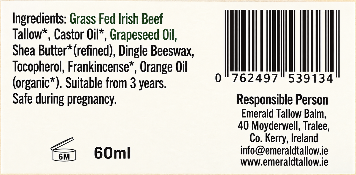 Emerald Tallow Whipped Beef Tallow Balm – 60ml — complete readable product label