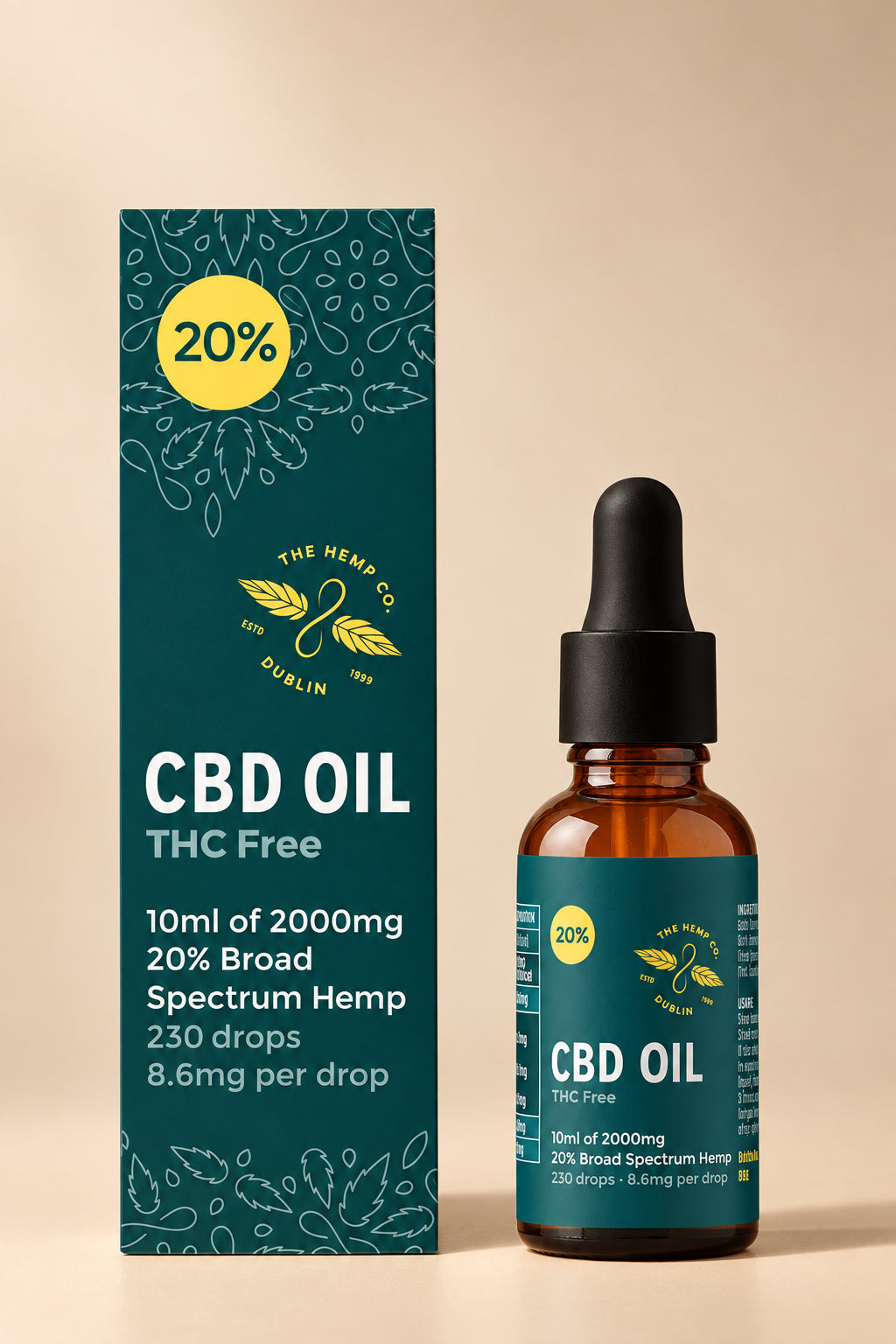 Product packaging for The Hemp Company Broad Spectrum CBD Oil, indicating a 20% strength level, 10ml volume, and that it is organic and lab-tested. The packaging features a dropper bottle of CBD oil.