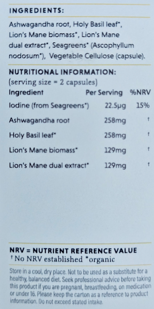 Nutritional information and ingredient list for a supplement with Ashwagandha root, Holy Basil leaf, Lion's Mane biomass, and Seagreens.