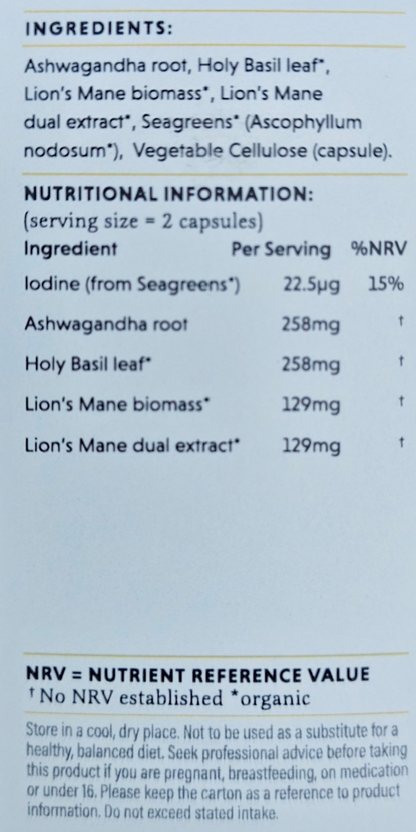 Nutritional information and ingredient list for a supplement with Ashwagandha root, Holy Basil leaf, Lion's Mane biomass, and Seagreens.