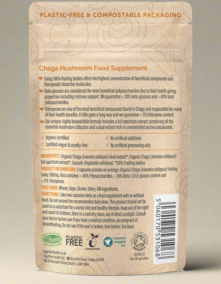 Organic Chaga Mushroom extract with beta-glucans and triterpenes.