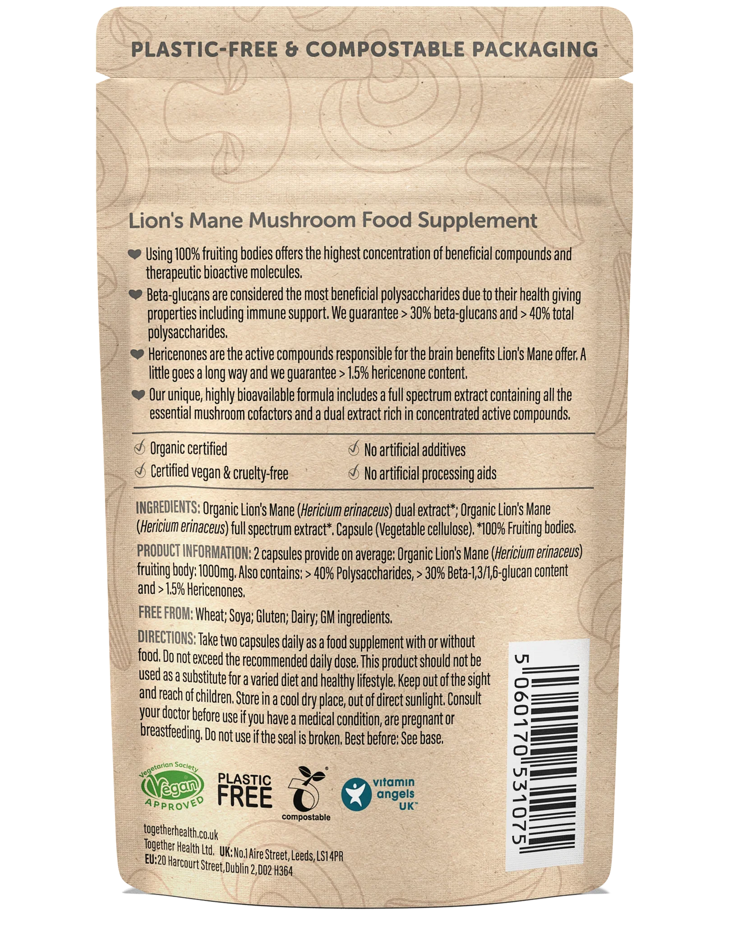  Close-up of Together Health Lion’s Mane Mushroom capsules.