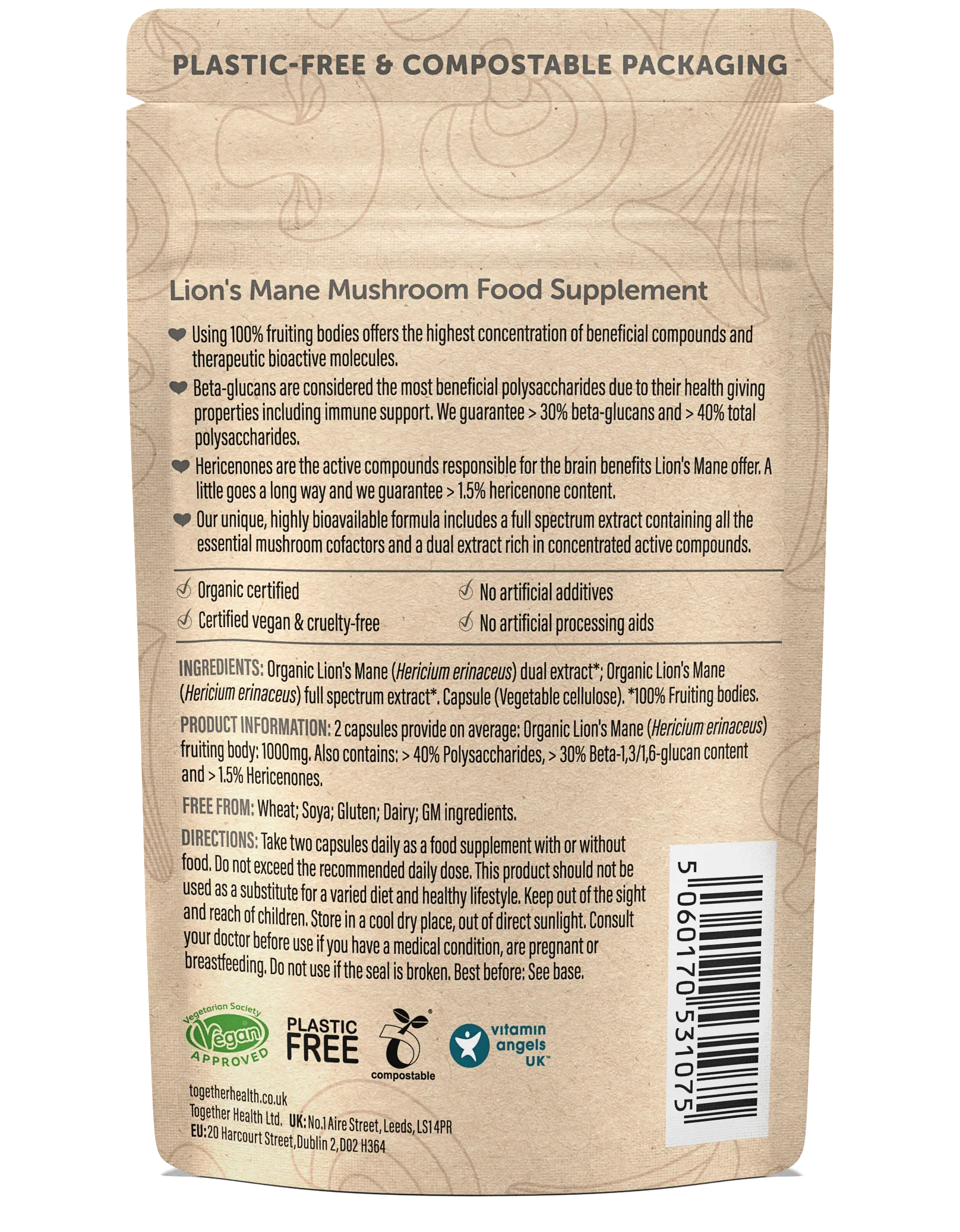  Close-up of Together Health Lion’s Mane Mushroom capsules.