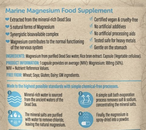 Marine Magnesium Food Supplement packaging with text and icons on a cardboard background