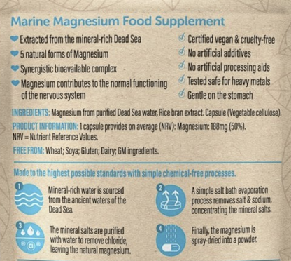 Marine Magnesium Food Supplement packaging with text and icons on a cardboard background