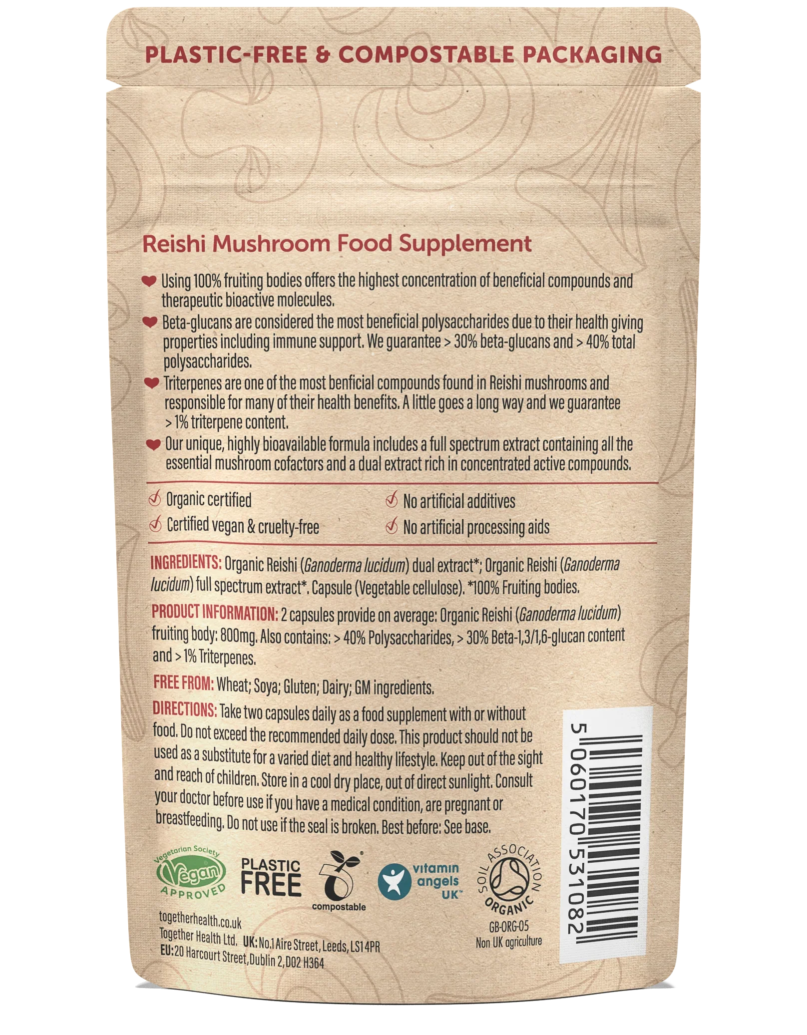 Close-up of Together Health Reishi Mushroom capsules in organic plant-based formulation.