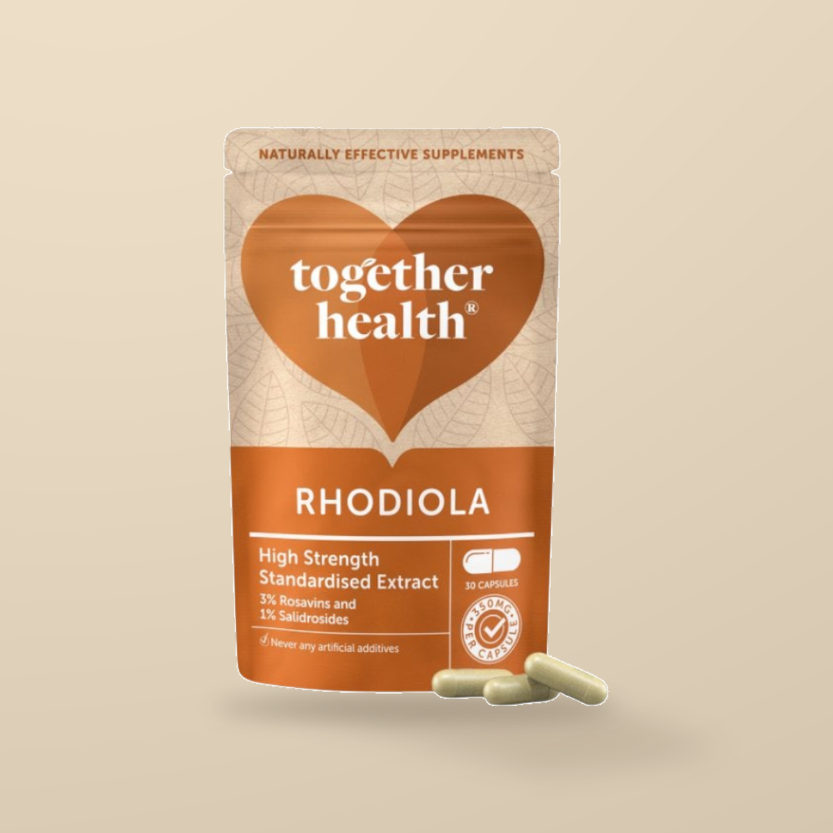 Together Health Rhodiola 350mg – 30 Capsules — original product packaging on warm beige background