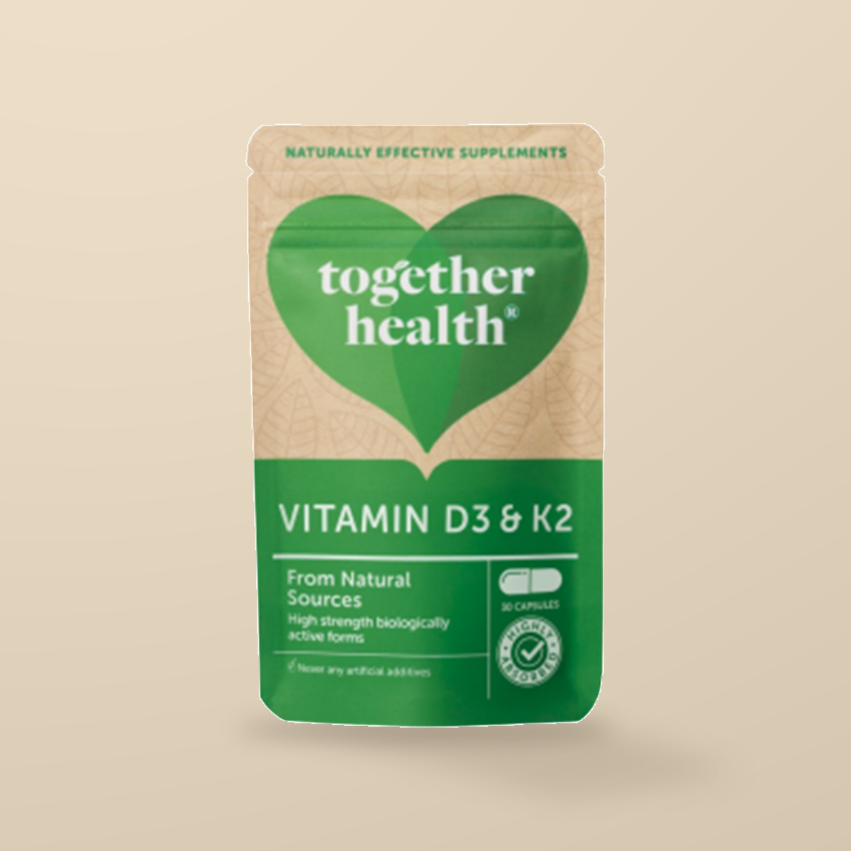 Together Health Vitamin D3 3000IU & K2 – 30 Capsules — original product packaging on warm beige background