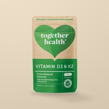 Together Health Vitamin D3 3000IU & K2 – 30 Capsules — original product packaging on warm beige background