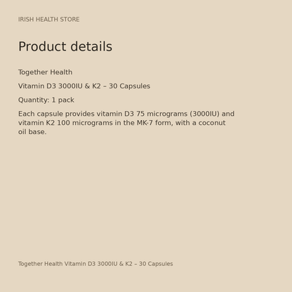 Together Health Vitamin D3 3000IU & K2 – 30 Capsules product details