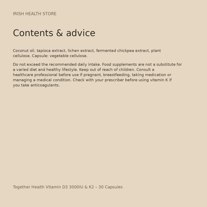 Together Health Vitamin D3 3000IU & K2 – 30 Capsules contents and advice