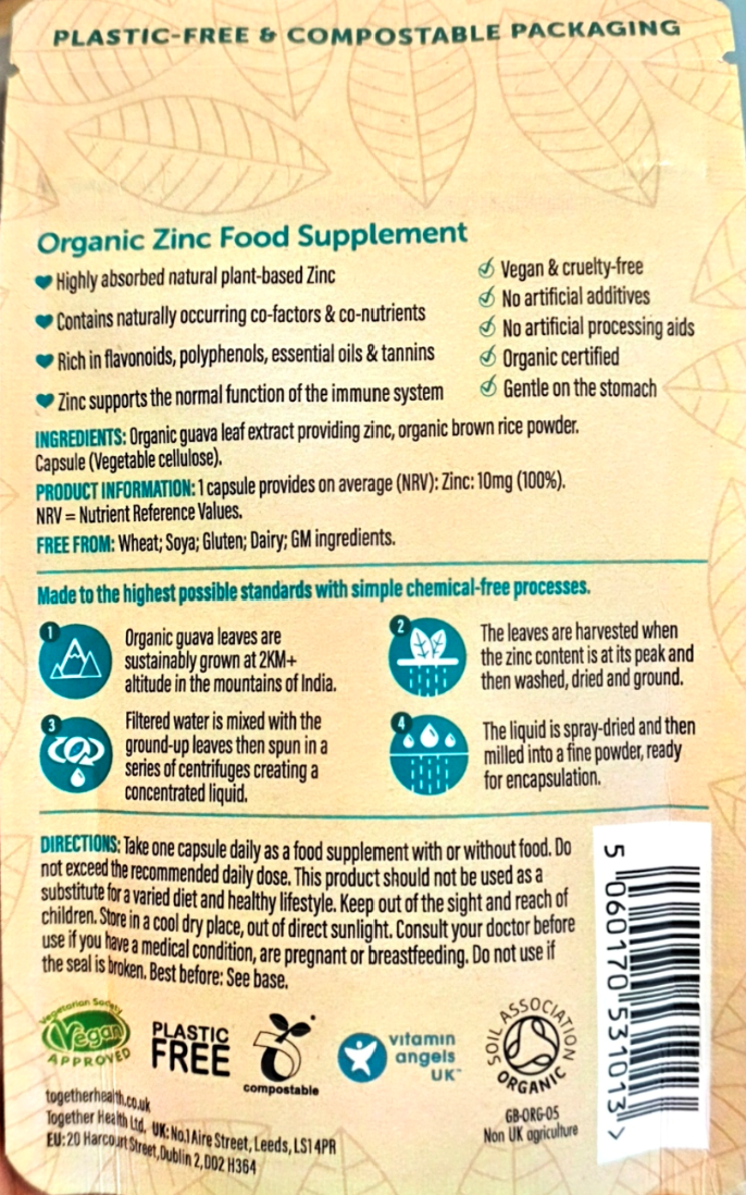 Back of a plastic-free compostable packaging label for Organic Zinc Food Supplement, featuring product details, ingredients, directions, and certification logos on a beige background with green and blue icons.