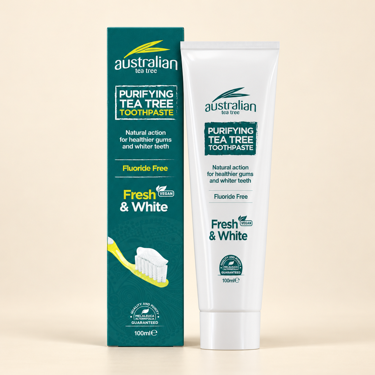 Australian Tea Tree Fresh & White Mint Toothpaste – 100ml on a warm beige background
