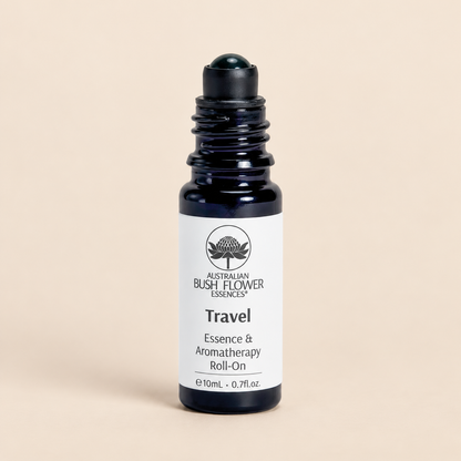 Australian Bush Flower Travel Essence & Aromatherapy Roll-On – 10ml on a warm beige background