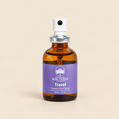 Australian Bush Flower Travel Essence Oral Spray – 30ml on a warm beige background